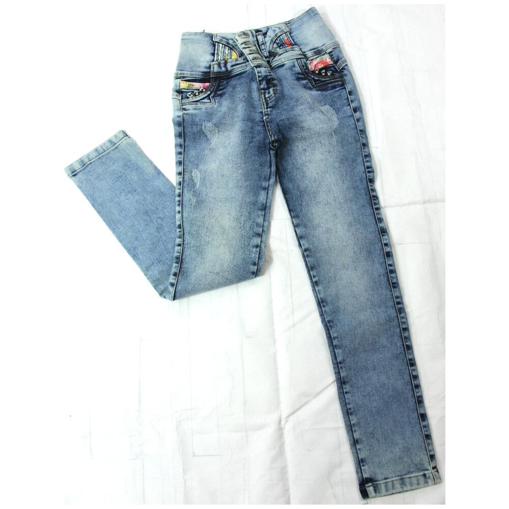 NEW K&H Distressed Acid Wash Rhinstone Studs Stretch High Rise Skinny Jeans 36